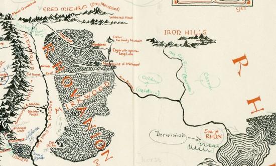 La parte nord-est della mappa annotata. In evidenza il Dorwinion, qui indicato nell’ubicazione per la prima volta. © Blackwell’s Rare Books.