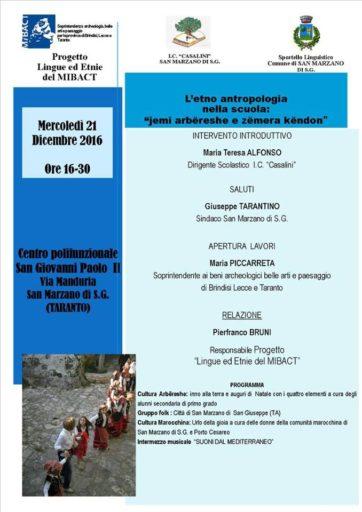 21 dicembre.  Evento nazionale sull’etno – antropologia a San Marzano (Ta) tra scuola e beni culturali