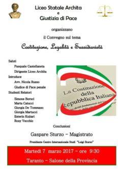 Convegno sul tema: Costituzione, legalità e sussidiarietà domani a Taranto