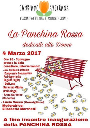 Avetrana - La Panchina Rossa dedicata alle donne. Sabato 4 Marzo ore 18.00