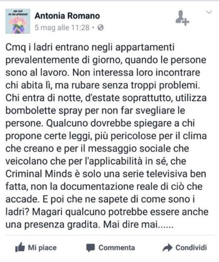 Esponente de L'Altra Trento a Sinistra su Facebook: "I ladri? Magari qualcuno potrebbe essere anche una presenza gradita"