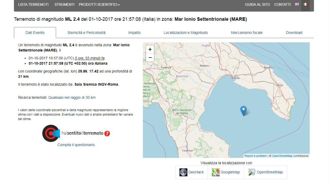 Scossa di terremoto nel Mar Jonio settentrionale a 52 km da Campomarino