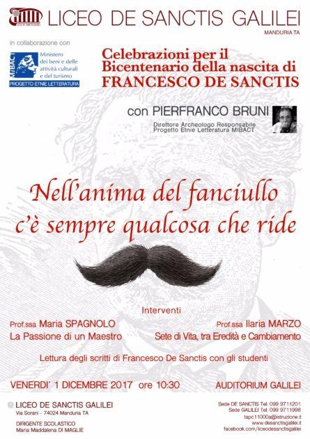 Venerdi 1 Dicembre 2017. Liceo De Sanctis Galileo Manduria:Celebrazioni per il bicentenario della nascita di Francesco  DE SANCTIS