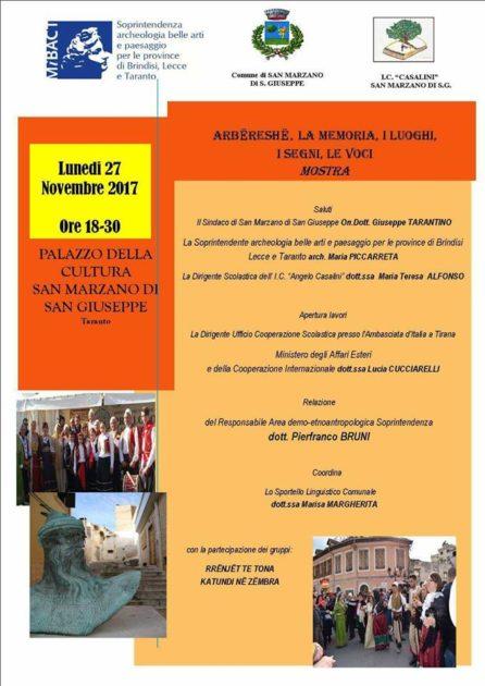 Lunedì 27 Novembre - Italo albanesi in mostra a Palazzo della Cultura di San Marzano di San Giuseppe