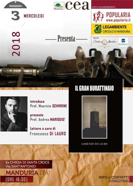 3 gennaio 2018 il CEA Manduria in collaborazione con Popularia Onlus presenta “Il Gran Burattinaio”, un libro di Lorenzo di Lauro