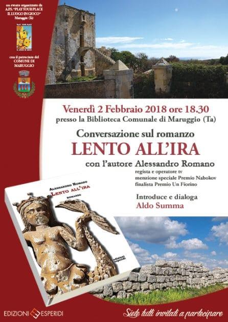 2 Febbraio Biblioteca Comunale di Maruggio: “Lento all’ira” presentazione del libro di Alessandro Romano | Incontro con l'autore