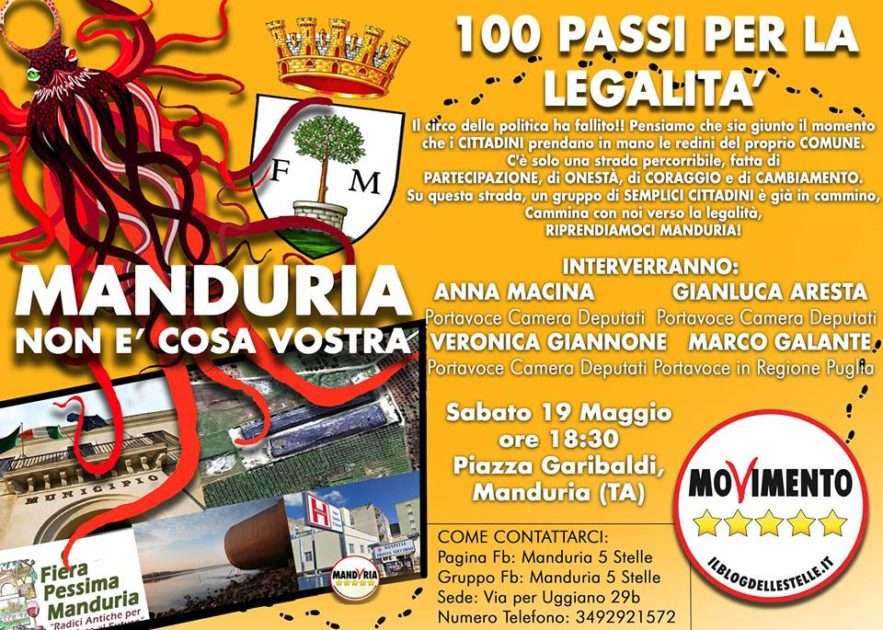 Meetup Manduria 5 Stelle: 100 passi per la Legalità. Riprendiamoci Manduria