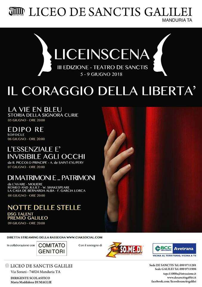 Parte il 5 giugno al Liceo "De Sanctis-Galilei", la terza edizione di "Licei in Scena - Il coraggio della libertà"