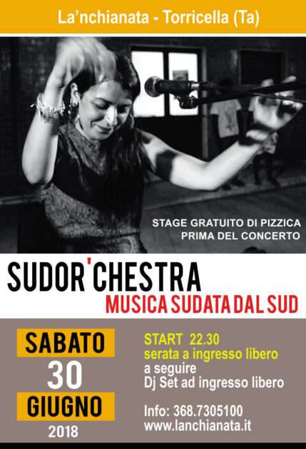 “Sudor’chestra” in concerto sabato 30 giugno a La’nchianata di Torricella (Ta), nell’ambito del Popularia Festival 2018