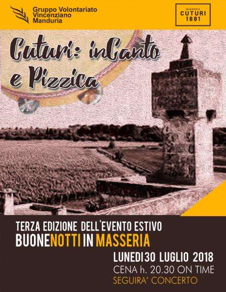 Buone Notti in Masseria", cena e poi concerto con "Giancarlo Paglialunga & Arneo Tambourine Project”, a Masseria Cuturi lunedì 30 luglio.