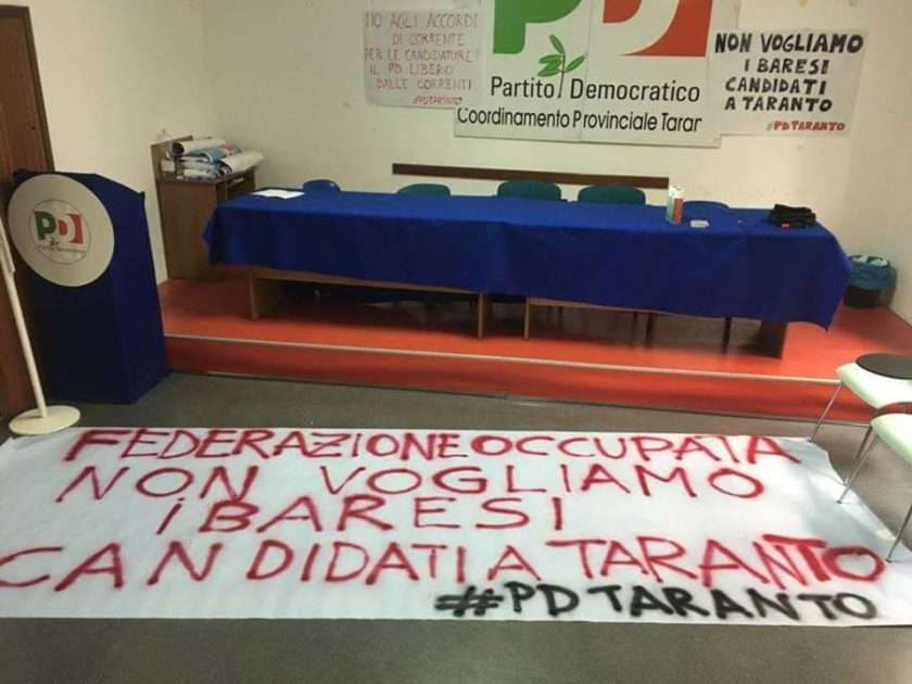 Candidature PD Taranto - Occupata la sede provinciale "Non vogliamo i baresi candidati a Taranto"