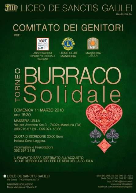 Domenica 11 marzo 2018 a Manduria, Torneo Solidale di Burraco per lacquisto di due defibrillatori da destinare alle scuole