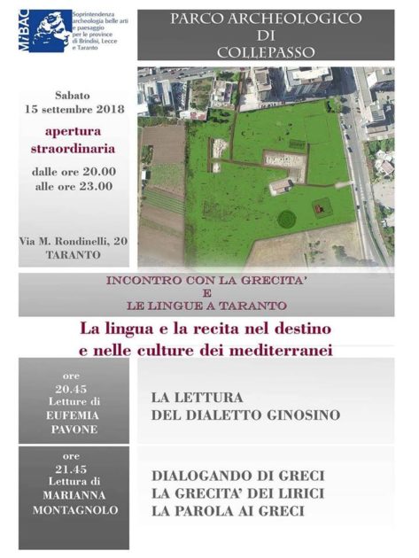 Beni culturali a Taranto. Sabato 15 settembre, al Parco Archeologico di Collepasso va in scena la Grecità