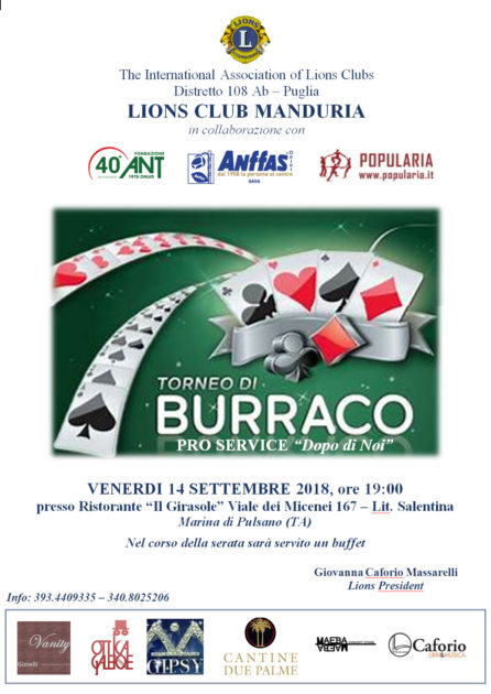 Venerdì 14 settembre Torneo di Burraco di beneficenza organizzato dal Lions Club di Manduria