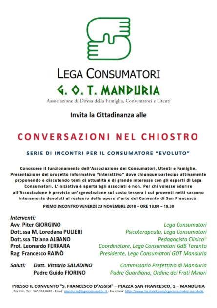 Lega Consumatori - Serie di incontri formativi per i consumatori “Conversazioni nel Chiostro”