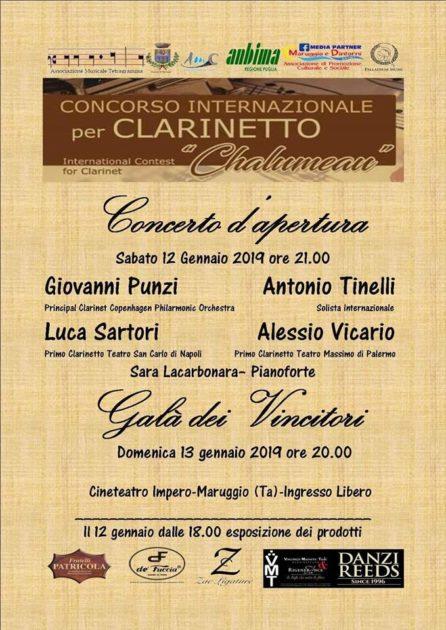 Maruggio 12 e 13 gennaio le serate finali del 1° Concorso Internazionale per Clarinetto “Chalumeau”