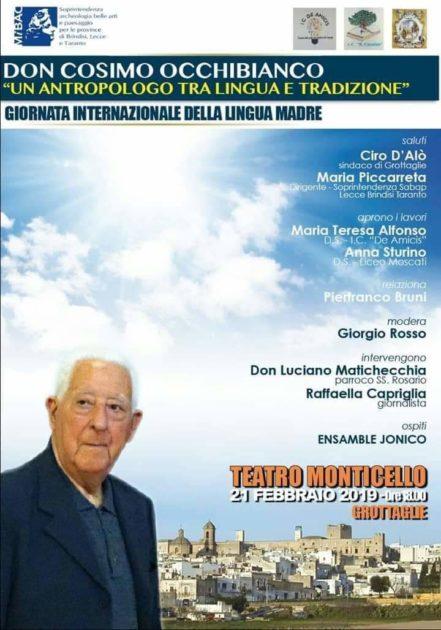 Grottaglie 21 febbraio Teatro Monticello: Giornata della Lingua Madre, omaggio a Don Cosimo Occhibianco