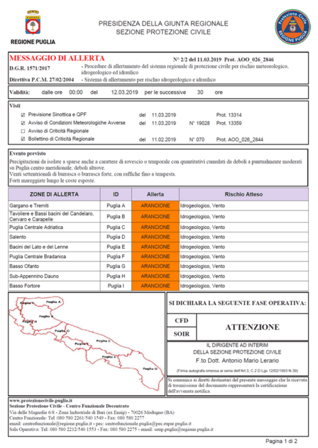 Provincia di Taranto, Allerta ARANCIONE per VENTO e allerta GIALLA per RISCHIO IDROGEOLOGICO per il 12 marzo 2019.