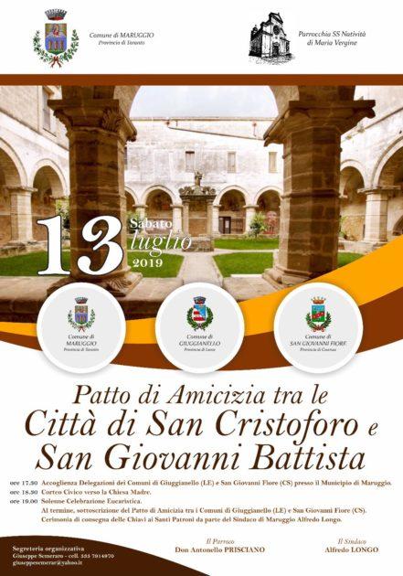 Domani 13 luglio a Maruggio il Patto di Amicizia con i Comuni di Giuggianello e San Giovanni in Fiore