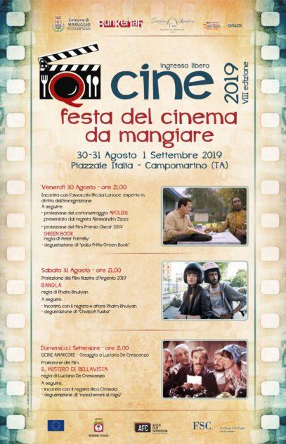 “Qcine 2019” Festa del cinema da mangiare – VIII edizione Campomarino di Maruggio  dal 30 agosto all’ 1 settembre