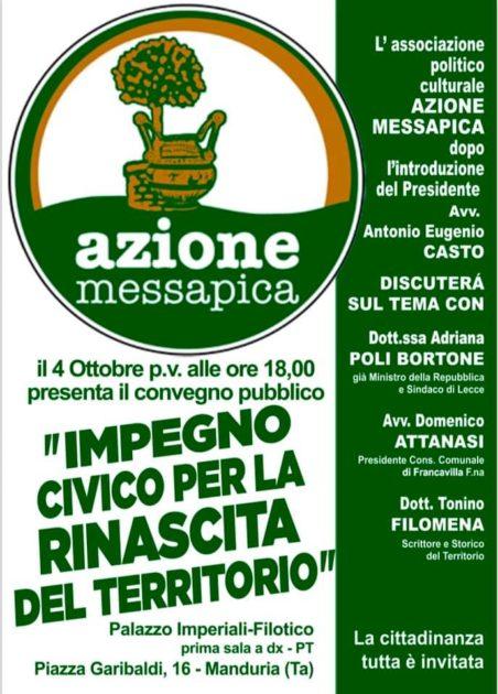 Manduria: "Azione Messapica" si presenta alla cittadinanza, 4 ottobre convegno pubblico