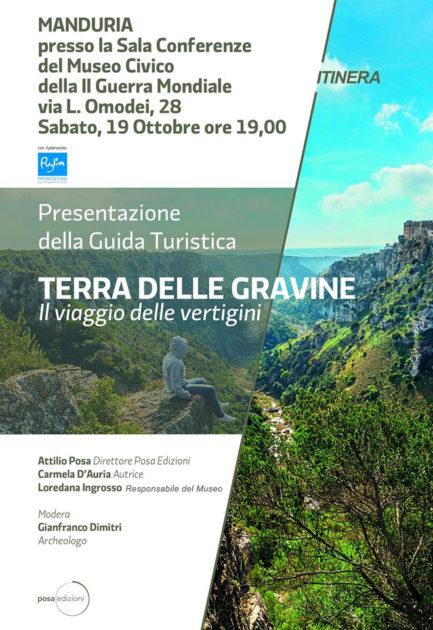 Sabato 19 ottobre a Manduria presentazione della guida “Terra delle gravine – il viaggio delle vertigini”, con la presenza dell’autrice Carmela D’Auria.