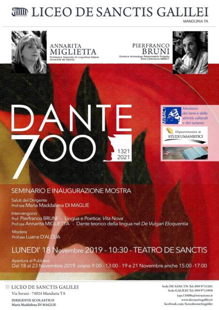 Lunedì 18 Novembre a Manduria il primo Evento Nazionale su DANTE700 con il Liceo Galilei De Sanctis, Università del Salento, Mibact e Sindacato Libero Scrittori