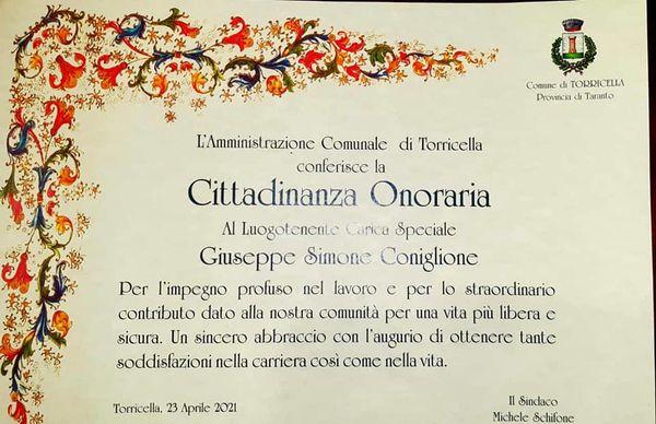 Torricella - Cittadinanza Onoraria al Luogotenente dei Carabinieri Giuseppe Simone Coniglione