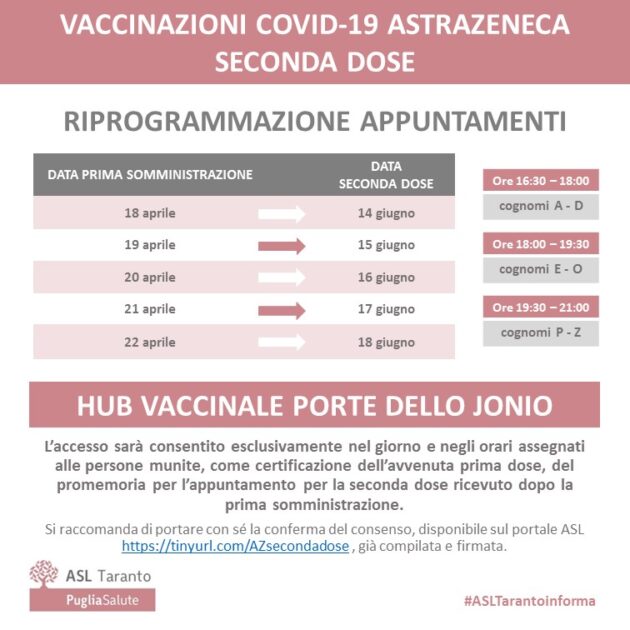 ASL TARANTO - Vaccino Covid seconde dosi AstraZeneca: proseguono le riprogrammazioni all’hub Porte dello Ionio
