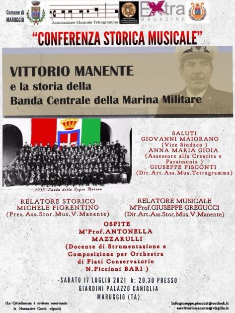 Maruggio, sabato 17 luglio, conferenza storico musicale sul "Maestro Vittorio Manente e la storia della  Banda Centrale della Marina Militare"