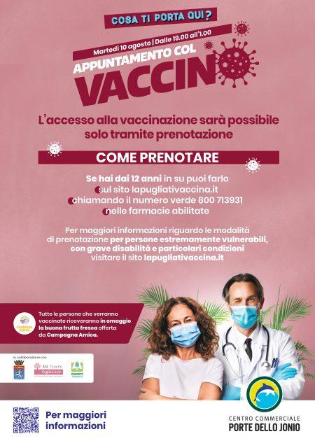 Oggi, martedì 10 agosto, notte bianca delle vaccinazioni: apertura straordinaria dell’hub vaccinale Centro Commerciale Porte dello Jonio di Nhood