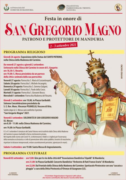 MANDURIA - Festa di San Gregorio Magno, patrono e protettore della Città, 2-3 settembre. Il programma civile e religioso delle due giornate.