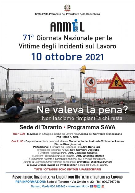 Domenica a Sava si celebra la 71ª giornata ANMIL per le vittime degli incidenti sul lavoro