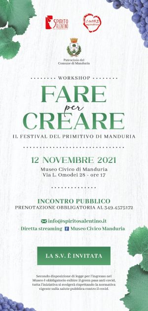 Manduria 12 novembre, primo workshop dal titolo “Fare per Creare il Festival del Primitivo di Manduria”