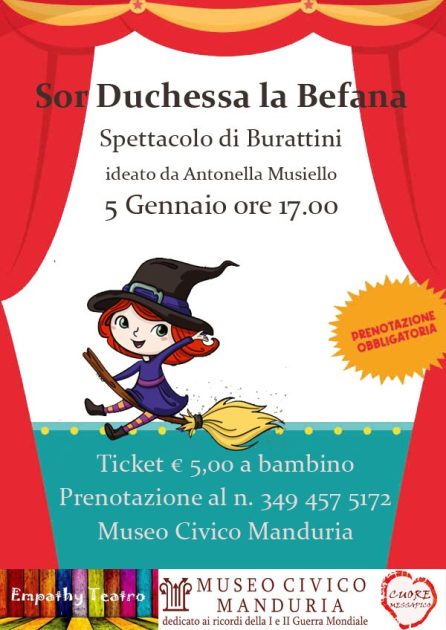 Manduria, mercoledì 5 gennaio 2022: Sor Duchessa la Befana spettacolo di burattini