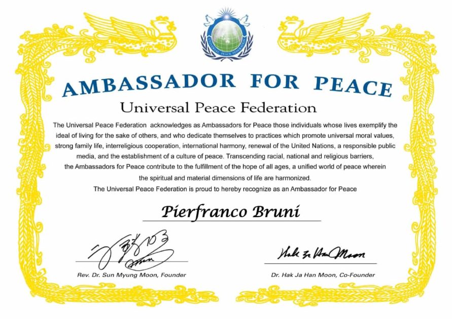 A Pierfranco Bruni il prestigioso riconoscimento "Ambassador for peace" della Universal Peace Federation