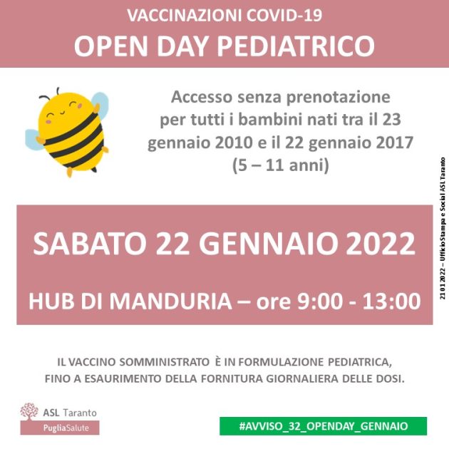 Campagna vaccinale Covid over 12, apertura hub vaccinali. Open day vaccinale pediatrico domani 22 gennaio presso l’hub vaccinale di Manduria.