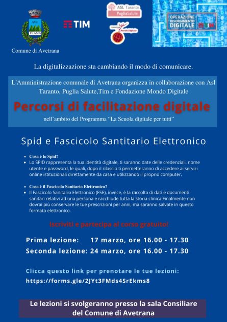 Comune di Avetrana- Corso di facilitazione digitale gratuito per SPID E FASCICOLO SANITARIO ELETTRONICO