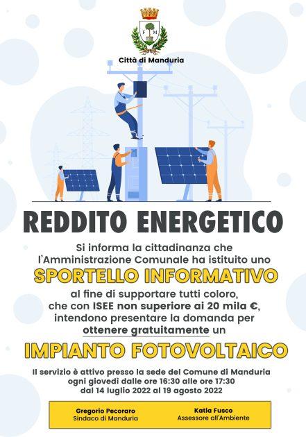 Manduria attivo lo sportello informativo sul Reddito Energetico: fotovoltaico gratuito per famiglie con ISEE non superiore ai 20 mila Euro